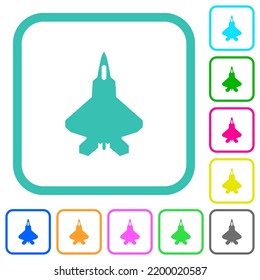 Jet fighter silhouette vivid colored flat icons in curved borders on white background