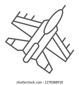 Jet fighter thin line icon, air and army, airplane sign, vector graphics, a linear pattern on a white background, eps 10.