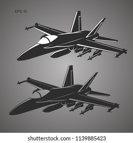 Jet Fighter Vector Illustration. Military Aircraft. Carrier-based Aircraft. Modern Supersonic Fighter