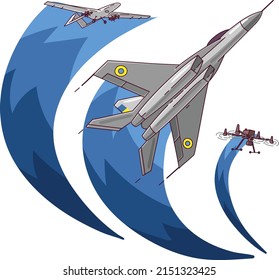 Jet fighter vector isolated on white background. Quadcopter and Bayraktar, cartoon style