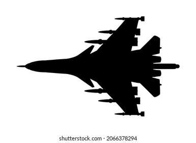 Jet fighter vector silhouette illustration isolated on white background. Military plane symbol. Aircraft with missile on duty patrol. 