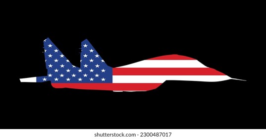 Ilustración de silueta vectorial Jet aislada en el fondo negro. Avión militar Símbolo de la bandera de los Estados Unidos de América. Aviones con misiles patrullando. Bandera estadounidense sobre el orgullo nacional del avión.
