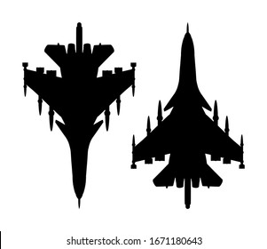 Jet fighter vector silhouette isolated on white background. Military plane symbol. Aircraft with missile on duty patrol. 