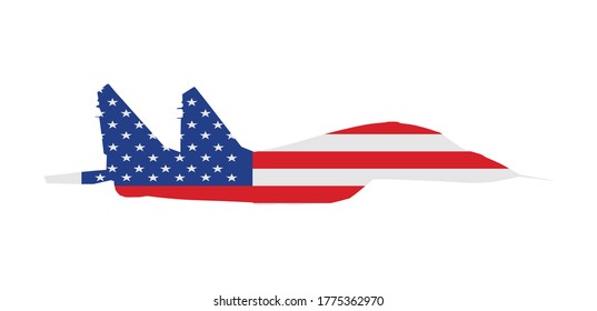 Silueta vectorial de caza a chorro aislada en fondo blanco. Avión militar con símbolo de la bandera de los Estados Unidos de América. Aviones con misiles patrullando. Bandera estadounidense sobre el avión, símbolo nacional del orgullo.