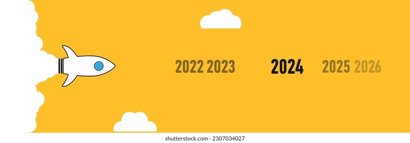 Jet flying to 2024. Concept of change, innovation, plan, success idea.