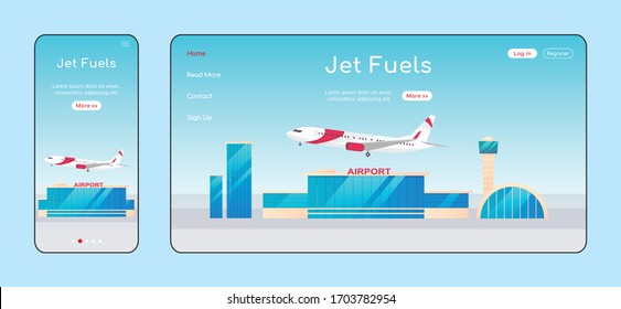 Jet fuels adaptive landing page flat color vector template. Airline company mobile and PC homepage layout. Airport one page website UI. Aircraft refueling station webpage cross platform design