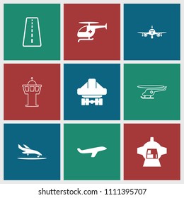 Jet icon. collection of 9 jet filled and outline icons such as plane, cargo plane back view, luggage compartment in airplane. editable jet icons for web and mobile.