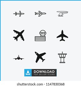 Jet icon. collection of 9 jet filled and outline icons such as plane, airport tower. editable jet icons for web and mobile.