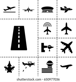 Jet icon. set of 13 filled jeticons such as plane, runway, plane taking off, jetway, airport, airport tower