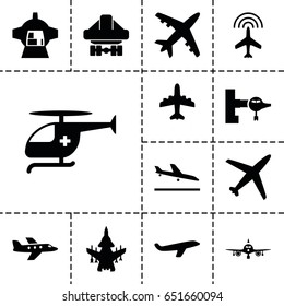 Jet icon. set of 13 filled jeticons such as plane, plane landing, jetway, cargo plane back view, luggage compartment in airplane