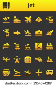 jet icon set. 26 filled jet icons.  Collection Of - Take off, Seat, Control tower, Plane, Airplane, Helicopter, Arrival, Carrier, Aeroplane, Jet ski, Flyboard, Printer, Transportation