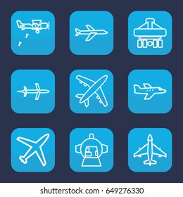 Jet icon. set of 9 outline jet icons such as cargo plane back view, luggage compartment in airplane, plane