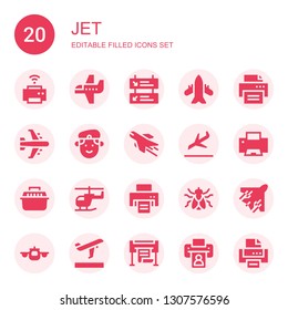 jet icon set. Collection of 20 filled jet icons included Printer, Airplane, Departures, Militar, Landing, Transport, Helicopter, Fly