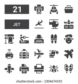 jet icon set. Collection of 21 filled jet icons included Jet pack, Fly, Printer, Airplane, Aviation, Helicopter, Transport, Militar, Jetpack, Water ski, Landing