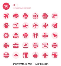 jet icon set. Collection of 30 filled jet icons included Aviation, Printer, Transport, Militar, Departures, Helicopter, Airplane, Jet pack, Landing