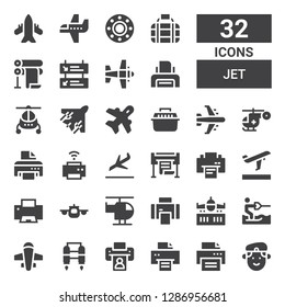 jet icon set. Collection of 32 filled jet icons included Militar, Printer, Jet pack, Airplane, Water ski, Helicopter, Departures, Landing, Transport, Aviation