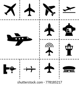 Jet icons. set of 13 editable filled jet icons such as plane, plane taking off, jetway, airport, luggage compartment in airplane