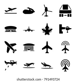 Jet icons. set of 16 editable filled jet icons such as plane, plane taking off, jetway, airport, jet ski