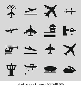 Jet icons set. set of 16 jet filled icons such as plane, plane taking off, jetway, airport tower, airport, medical helicopter