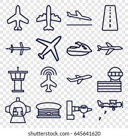 Jet icons set. set of 16 jet outline icons such as plane, runway, plane landing, jetway, airport tower, airport, luggage compartment in airplane, military plane