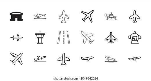 Jet icons. set of 18 editable outline jet icons: plane, plane taking off, airport tower, luggage compartment in airplane, runway, plane landing, jetway