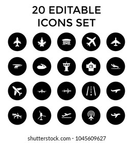 Jet icons. set of 20 editable filled jet icons such as plane taking off, plane, airport tower, helicopter, runway, plane landing. best quality jet elements in trendy style.