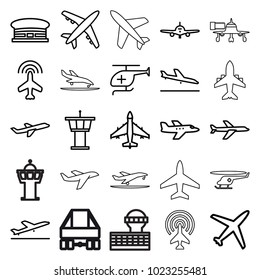 Jet icons. set of 25 editable outline jet icons such as plane, plane taking off, airport tower, airport, medical helicopter
