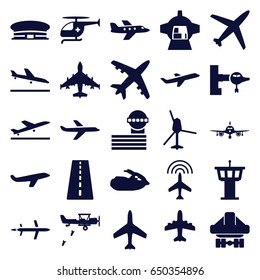 Jet icons set. set of 25 jet filled icons such as plane, runway, plane taking off, plane landing, jetway, airport tower, airport, medical helicopter, jet ski