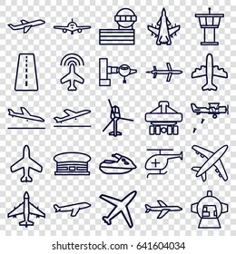 Jet icons set. set of 25 jet outline icons such as plane, runway, plane taking off, plane landing, jetway, airport tower, airport, medical helicopter, helicopter