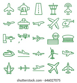 Jet icons set. set of 25 jet outline icons such as plane, runway, plane taking off, plane landing, jetway, airport tower, airport, medical helicopter, helicopter