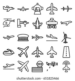 Jet icons set. set of 25 jet outline icons such as plane, runway, plane taking off, plane landing, jetway, airport, airport tower, medical helicopter, helicopter