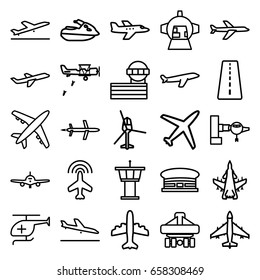 Jet icons set. set of 25 jet outline icons such as runway, plane, plane taking off, plane landing, jetway, airport tower, airport, medical helicopter, helicopter