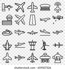 Jet icons set. set of 25 jet outline icons such as plane, runway, plane taking off, plane landing, jetway, airport tower, airport, helicopter