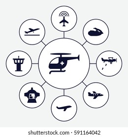jet icons set. Set of 9 jet filled icons such as plane, plane taking off, airport tower, luggage compartment in airplane, medical helicopter, jet ski
