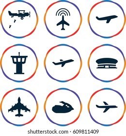 Jet icons set. set of 9 jet filled icons such as plane, airport tower, airport, jet ski