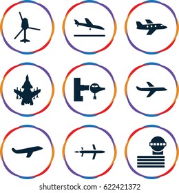 Jet icons set. set of 9 jet filled icons such as plane landing, jetway, airport tower, plane