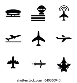 Jet icons set. set of 9 jet filled icons such as plane, plane taking off, airport