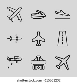 Jet icons set. set of 9 jet outline icons such as plane, runway, plane landing
