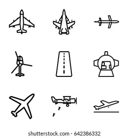 Jet icons set. set of 9 jet outline icons such as runway, plane taking off, luggage compartment in airplane, plane, helicopter