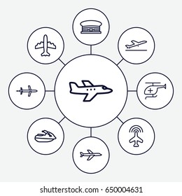 Jet icons set. set of 9 jet outline icons such as plane, plane taking off, airport, medical helicopter