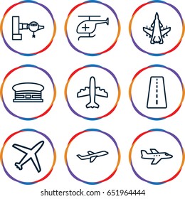 Jet icons set. set of 9 jet outline icons such as runway, jetway, airport, plane
