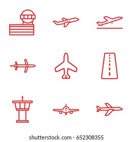Jet icons set. set of 9 jet outline icons such as plane, runway, plane taking off