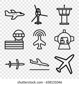 Jet icons set. set of 9 jet outline icons such as plane, plane landing, airport tower, luggage compartment in airplane