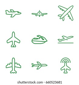 Jet icons set. set of 9 jet outline icons such as plane, plane taking off