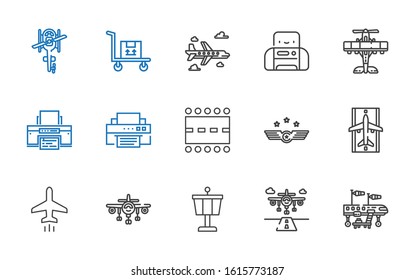 jet icons set. Collection of jet with airplane, runway, control tower, plane, air force, printer, transportation, helicopter. Editable and scalable jet icons.