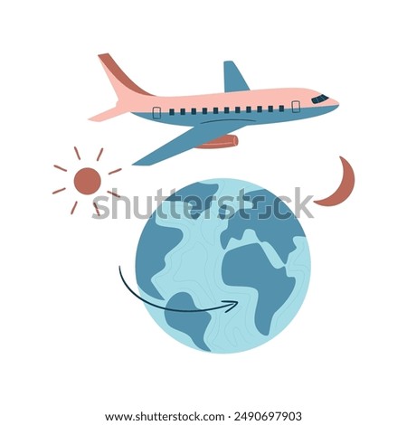 Jet lag concept, abstract metaphor. Globe and plane flying over it. Time zones crossing. Sleep disorder. Time zones change due to international flight. Day and night. Isolated vector illustration. 