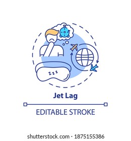 Jet lag concept icon. Trouble with sleeping. International flight. Time zone change. Healthcare problem cause idea thin line illustration. Vector isolated outline RGB color drawing. Editable stroke