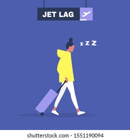 Jet lag conceptual illustration, Young exhausted female character leaving the airport after flight