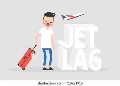 Ilustración conceptual del jet lag. Joven personaje exhausto bostezando en el aeropuerto después del vuelo / ilustración plana editable vectorial, imagen prediseñada