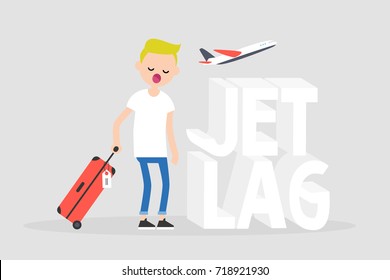 Jet lag conceptual illustration. Young exhausted character yawning at the airport after the flight / flat editable vector illustration, clip art